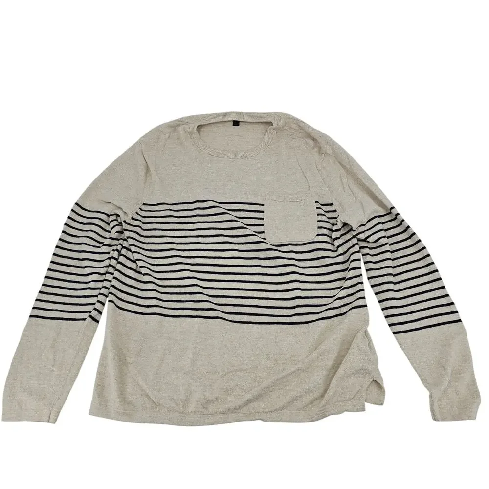 J.Crew Striped Beige Black Knit Cotton Sweater Men's L Preppy Old Money 3448